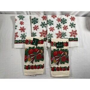 New Vintage Lot of 6 Kitchen Towels Christmas Holiday Snowflakes Poinsettia
